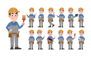 Set of worker with different poses