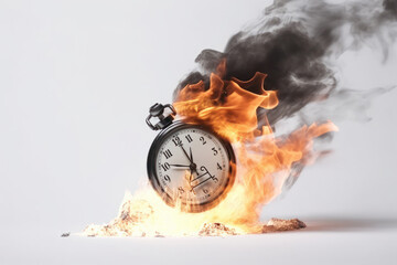 A burning alarm clock on a white background, representing the danger of time slipping away. A warning of urgency and risk. Conceptual image of a wake-up call. AI Generative.