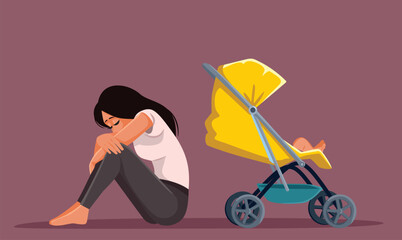 Mother Suffering from Postpartum Depression and Anxiety Vector Drawing Illustration. Sad mom crying next to a baby stroller feeling depressed 
