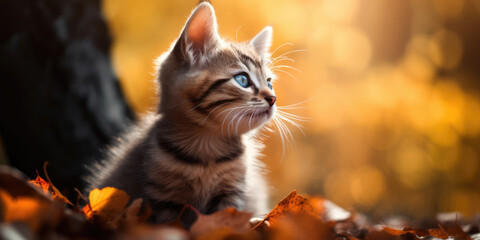 Striped Cat in autumn leaves. Portrait of a Kitten in profile on a Autumn Background