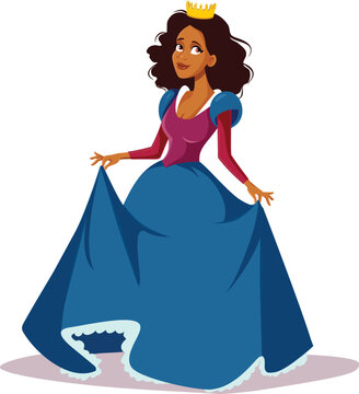 Beautiful Fairytale Princess Of Black Ethnicity. Wearing A Ball Gown Vector Character Illustration
Amazing Good Looking Queen Of African Ethnicity 
