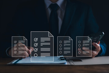 Businessman working with tablet. Checking mark up on the check boxes. Successful completion of business tasks. Digital marketing of statistics level up of graph. Business management goal strategy.