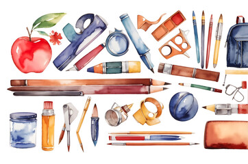 watercolor set of school items isolated on transparent background,design element