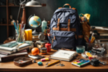 blurred school and office supplies and tools background