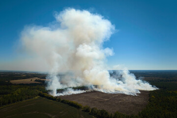 Aerial view of white smoke from forest fire rising up polluting atmosphere. Natural disaster concept