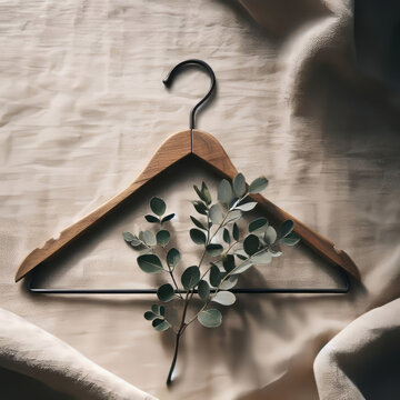 Eucalyptus leaves and wooden hanger on fabric background. Generated by AI