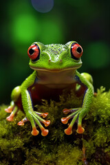 Capturing a Gleeful Moment  Close-up of a Gliding Frog, Almost Laughing, Perched on Moss in the Indonesian Forests