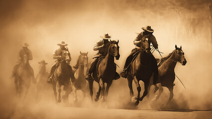 An illustration of the cowboys on horses riding faster in the dust, western style, sepia color tone. AI Generated image.