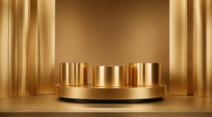 Gold product background. gold podium pedestal on advertising display with blank backdrops. Empty gold pedestal for product presentation.3D rendering.