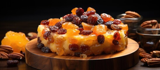 Wooden board with fruit cake pudding and dried fruits empty space With copyspace for text