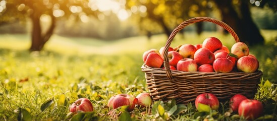 Autumn apple harvest in a garden basket on grass Instagram effect With copyspace for text