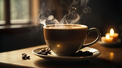 Morning Refreshment: Hot Drink in Coffee Cup on Table with Steam and Smoke
