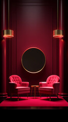 the red chair and mirrors with a red floor