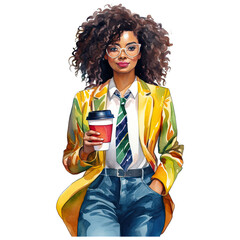 African American business woman with cup of coffee, girl manager in a corporate office. Isolated on transparent background