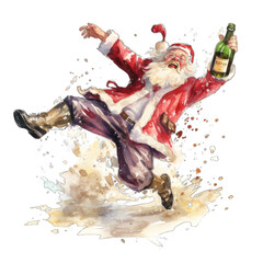 Drunk santa, holding beer bottles and falling on the ground. Watercolor illustration