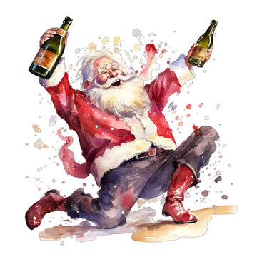 Partying Santa Claus, drinking and dancing. Watercolor holiday illustration