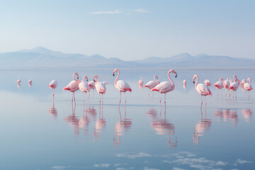 Naklejka premium group pink flamingos on the salt lake