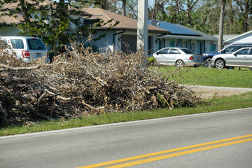 Heaps of limbs and branches debris from hurricane winds on street side waiting for recovery truck pickup in residential area. Consequences of natural disaster © bilanol