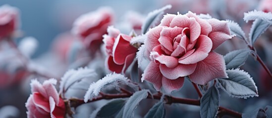 Autumn frost on blooming rose bush frozen leaves winter arrives nature sleeps With copyspace for text - Powered by Adobe