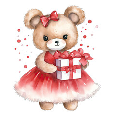 Cute girl teddy bear dressed for Christmas holding a gift. Isolated