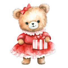 Cute girl teddy bear dressed for Christmas holding a gift. Isolated