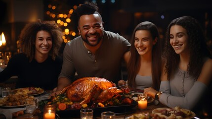 Friends sharing laughter and gratitude at Thanksgiving table