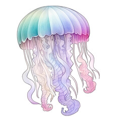 Pastel colored jellyfish in the water, isolated on white background