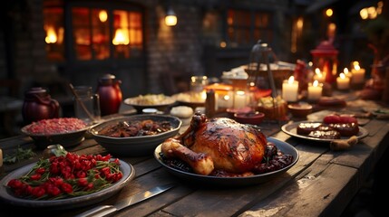 Naklejka premium Golden Hour Feast: A meticulously set Thanksgiving table with turkey centerpiece, capturing the essence of the holiday