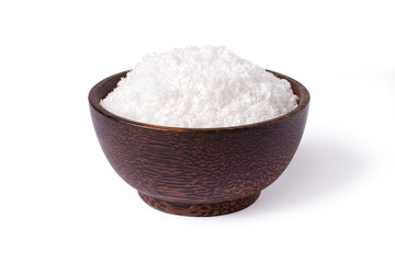 Coconut flakes in wooden bowl isolated on white background with clipping path.