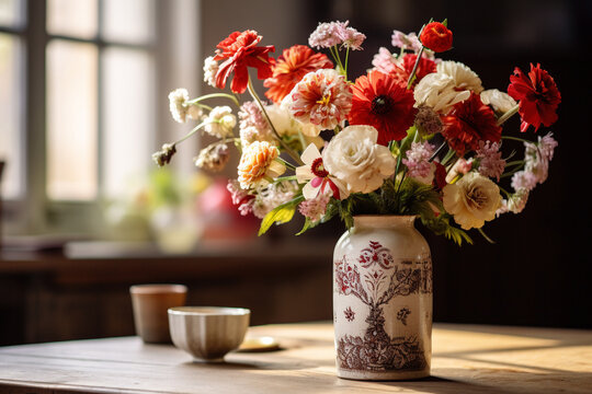 country chic flower arrangement in vase on kitchen table