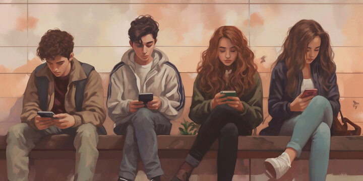 four sad teenagers staring at their smartphones