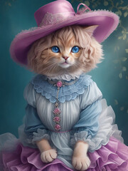 A cat wearing a dress and hat
