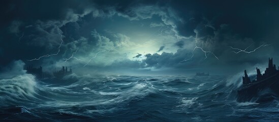 Fototapeta premium Ocean with stormy winds and dark clouds With copyspace for text