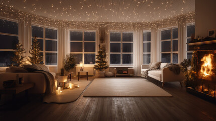 Charming room decorated with Christmas lights. Created with Generative AI Technology.