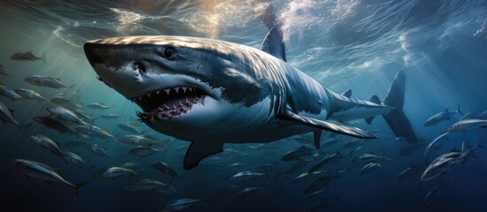 Fototapeta premium Tuna and sardines are lured by bait while the hookless bait attracts great white sharks to divers in cages With copyspace for text