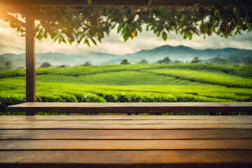 wooden table blurred tea plantation background