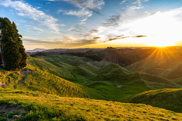 Naklejka na ściany i meble Sunset in the New Zealand hills