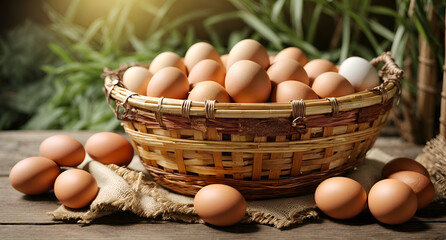 Eggs in a bamboo basket in the farm
