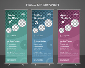 Creative roll up banner template for travel agency or company marketing.