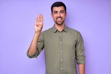 happy deaf handsome man demonstrating hello hi gesture, communication, conversation goodbye bye © alfa27