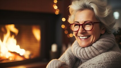 Portrait of happy senior woman with eyeglasses near fireplace at home