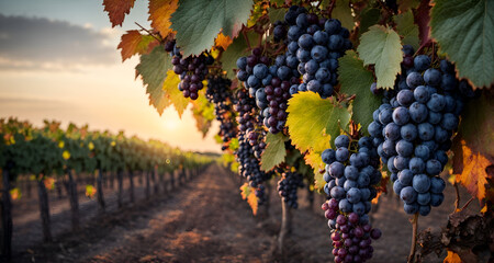 Blue grapes in vineyard - obrazy, fototapety, plakaty
