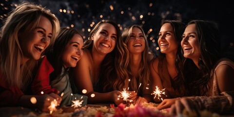 Group of young women having fun with sparklers on a birthday party