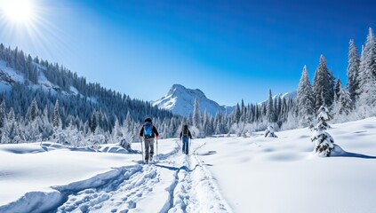 Fototapeta na wymiar Couple of hikers walking in winter mountains with snow covered fir trees