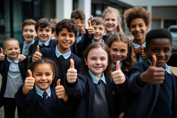 a group of diverse school children all thumbs up