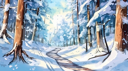 Watercolor snow-covered forest path