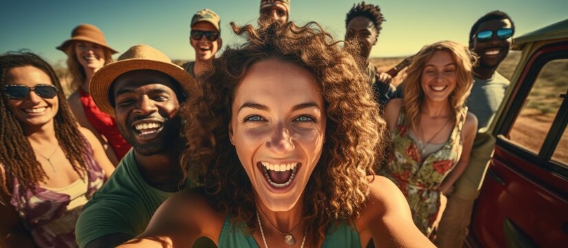 Group of people taking mobile photos enjoying adventurous vacation in Africa With copyspace for text