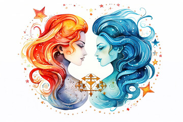 Gemini zodiac symbol. Watercolor illustration with two beautiful girls
