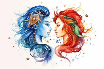 Gemini zodiac symbol. Watercolor illustration with two beautiful girls