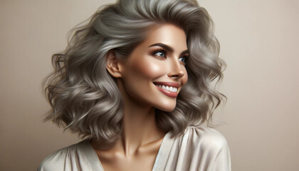 Timeless Elegance: Radiant Woman with Silver-Grey Waves, Captivating Smile, and Ethereal Beauty on Neutral Backdrop